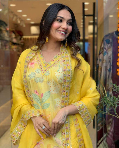 Muslin Kesh164 G60 Suits & Dresses  Printed Long Kurti Yellow Salwar Embroidry Suits Manufacture