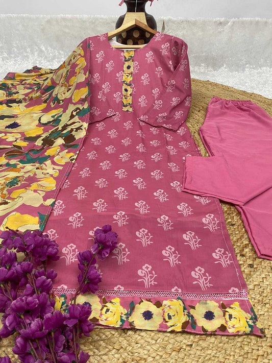 Muslin Kesh164 G68 Suits & Dresses  Printed Ladies Long Kurti Pink Salwar Suits Manufacture