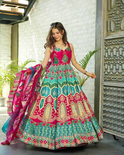 Muslin Kesh224 191 Gowns  Printed Fancy Anarkali Long Sleeveless Gowns