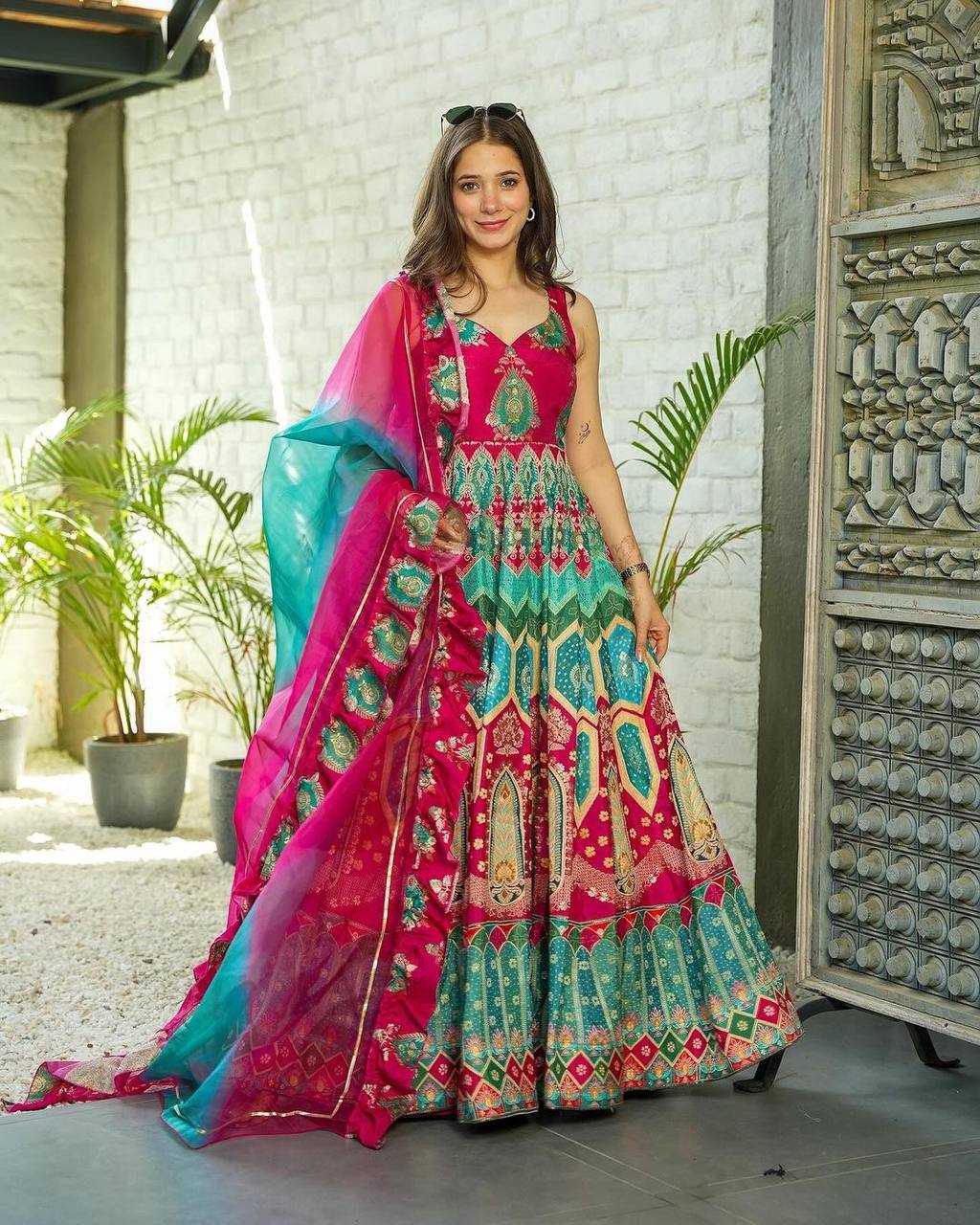 Muslin Kesh224 191 Gowns  Printed Fancy Anarkali Long Sleeveless Gowns