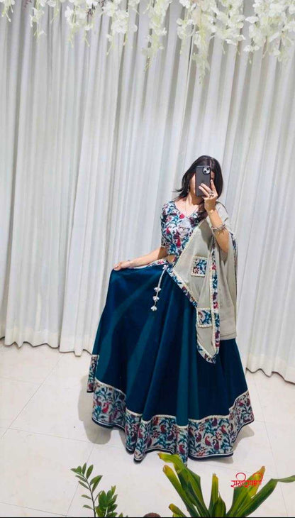 Muslin Kesh224 199 Lehengas  Printed Lehenga With Dupatta  Lehenga With Blouse Blue Lehengas