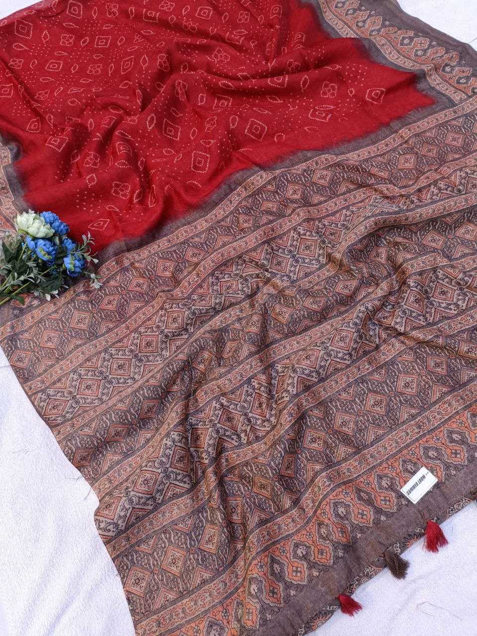 Muslin  Mud Bandhani And Ajrakh  Saree