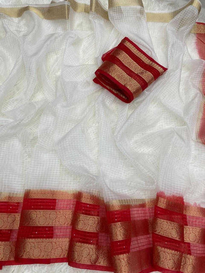 Organza Kesh117 Rwc26 Sarees  Organza White Batik Printed Durga Pooja Sarees