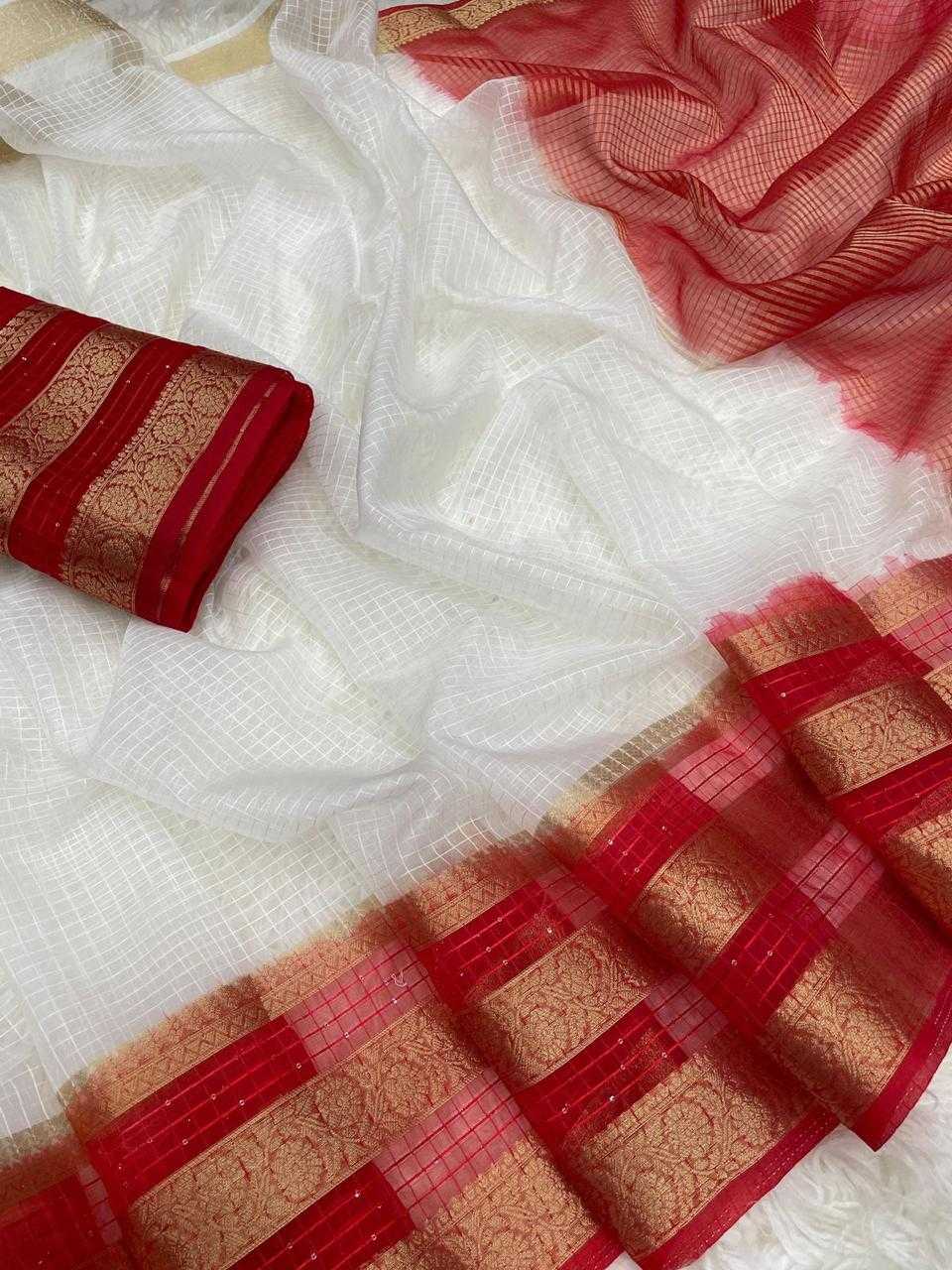 Organza Kesh117 Rwc26 Sarees  Organza White Batik Printed Durga Pooja Sarees