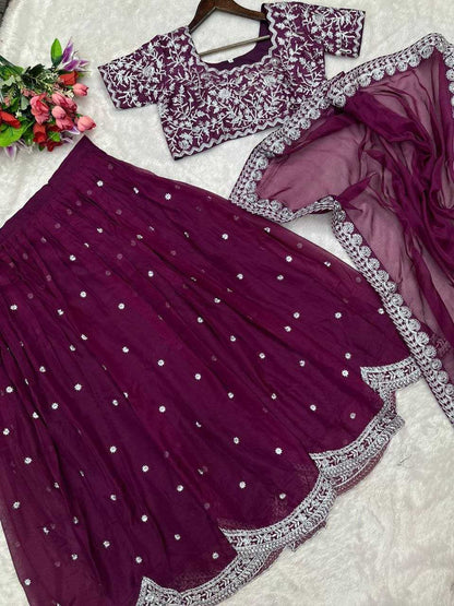 Organza Kesh176 142 Lehengas  Embroidered Lehenga With Dupatta Lehenga With Blouse Purple Lehengas