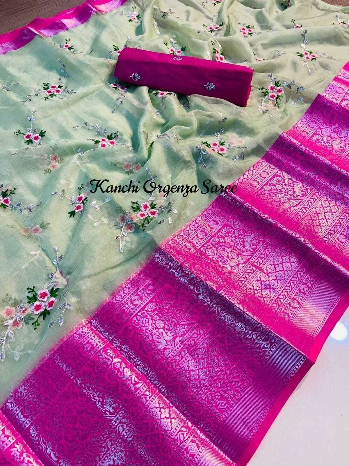 Organza Kesh195 Krf19 Sarees  Organza Printed Kanchipuram Zari Border Sarees