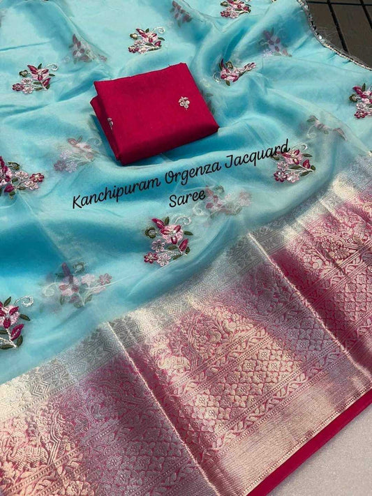 Organza Kesh195 Krf19 Sarees  Organza Printed Kanchipuram Zari Border Sarees