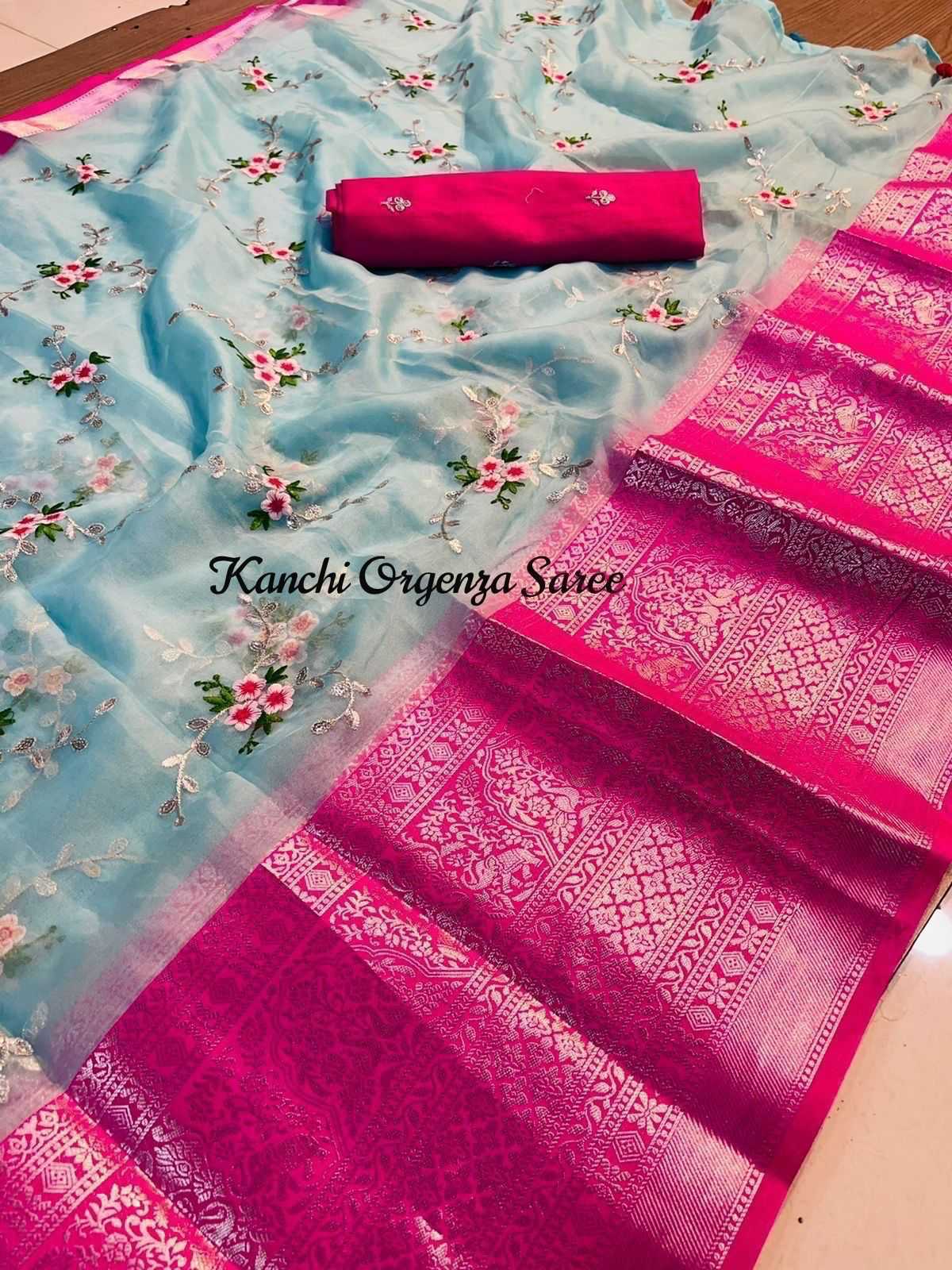 Organza Kesh195 Krf19 Sarees  Organza Printed Kanchipuram Zari Border Sarees