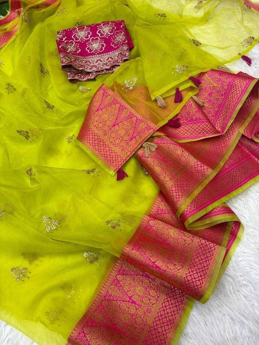 Organza Rie Rani Jhumka Sarees  Organza Jacquard Sarees