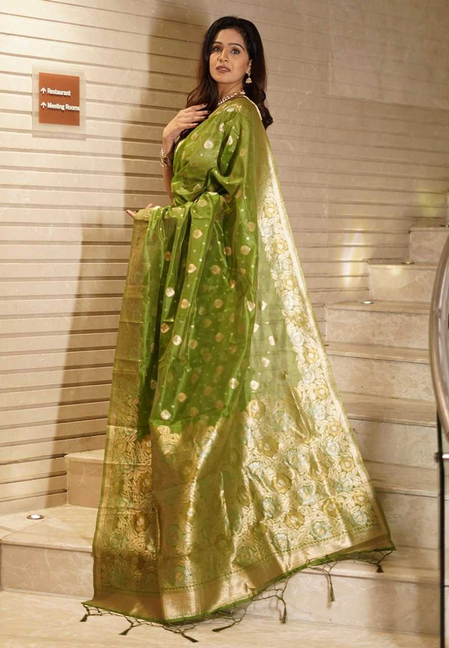 Organza Rin116 3451-Mehendi Sarees  Organza Ladies Zari Border Sarees