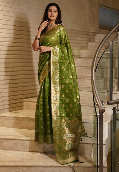 Organza Rin116 3451-Mehendi Sarees  Organza Ladies Zari Border Sarees