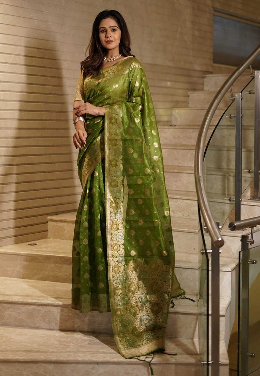 Organza Rin116 3451-Mehendi Sarees  Organza Ladies Zari Border Sarees