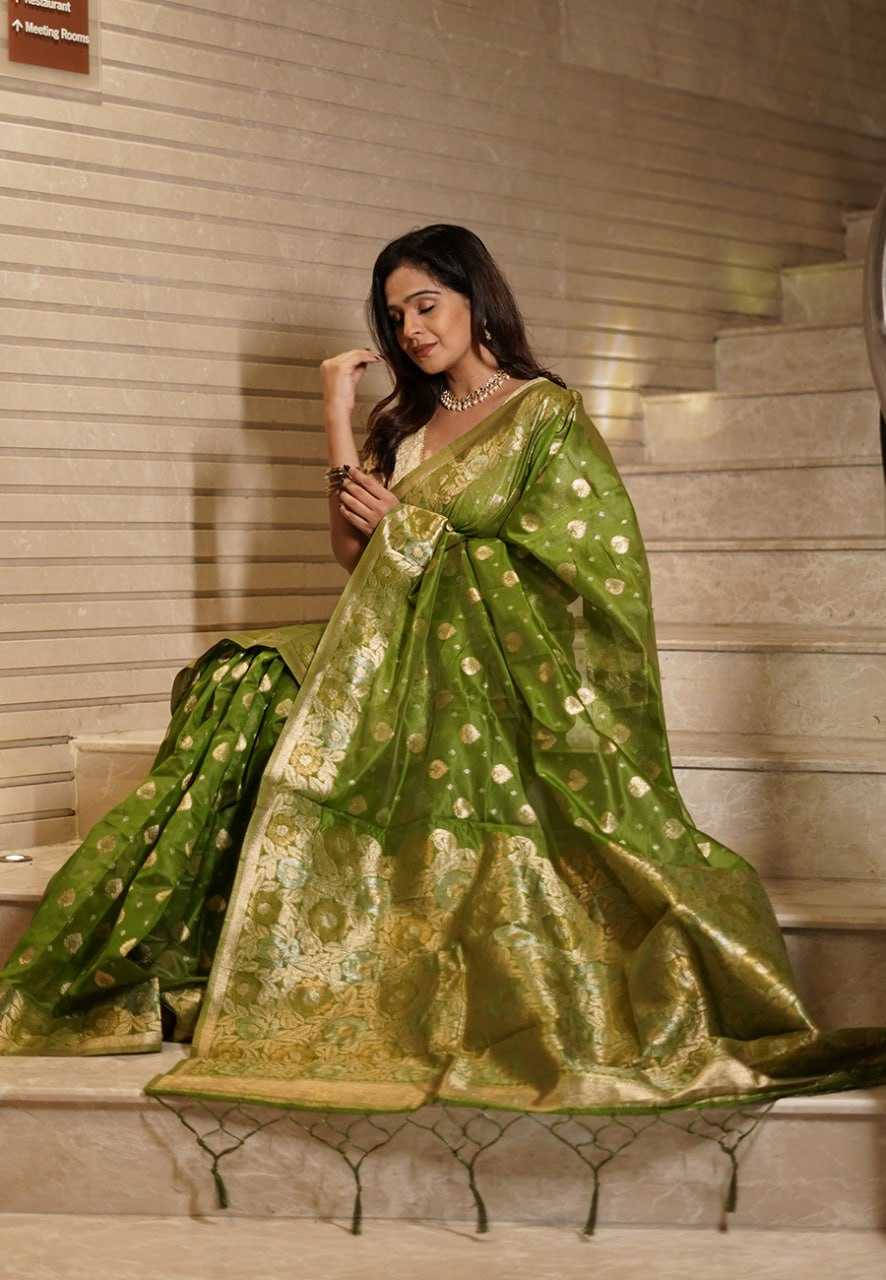 Organza Rin116 3451-Mehendi Sarees  Organza Ladies Zari Border Sarees