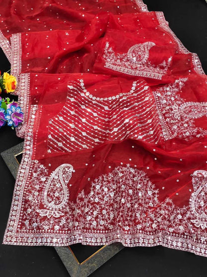 Organza Rin134 0169 Sarees  Organza Work Embroidered Red Diwali Collections Teej Karwa Chauth Sarees