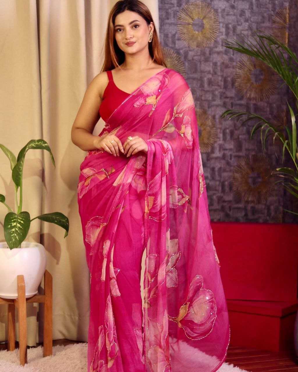 Organza Rin143 464 Sarees  Organza Fancy Printed Sequins Work Silk Sarees