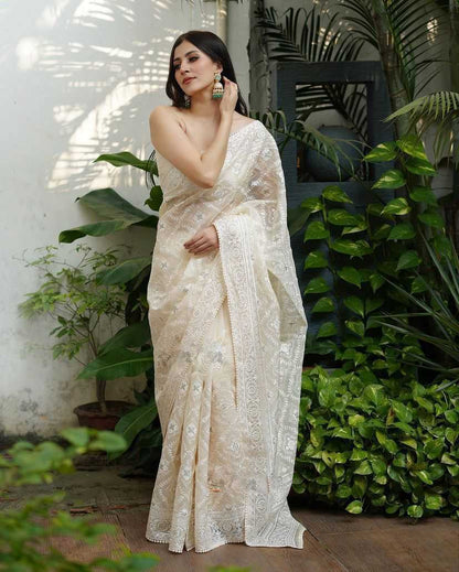 Organza Rin164  Rrs68 Sarees  Organza Fancy Embroidered White Cutwrok Zari Border Sarees