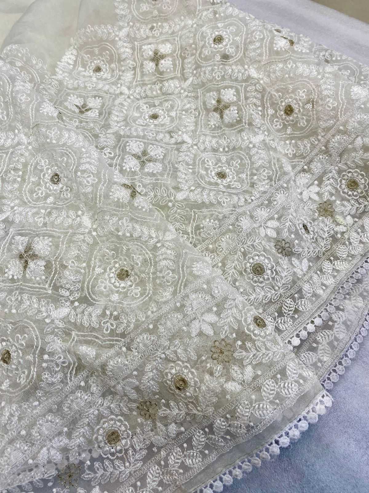 Organza Rin164  Rrs68 Sarees  Organza Fancy Embroidered White Cutwrok Zari Border Sarees