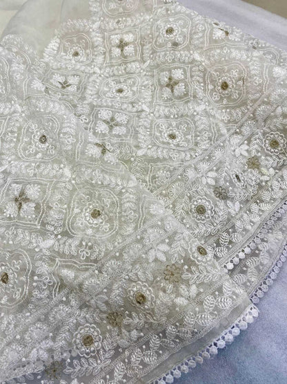 Organza Rin164  Rrs68 Sarees  Organza Fancy Embroidered White Cutwrok Zari Border Sarees