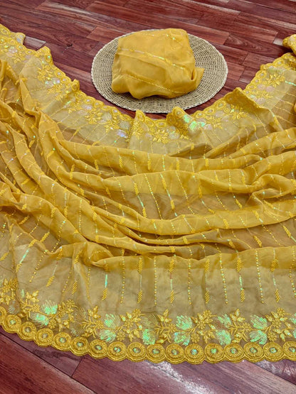 Organza Rin178 Leaf Sarees  Organza Embroidered Sequins Cutwork Sarees