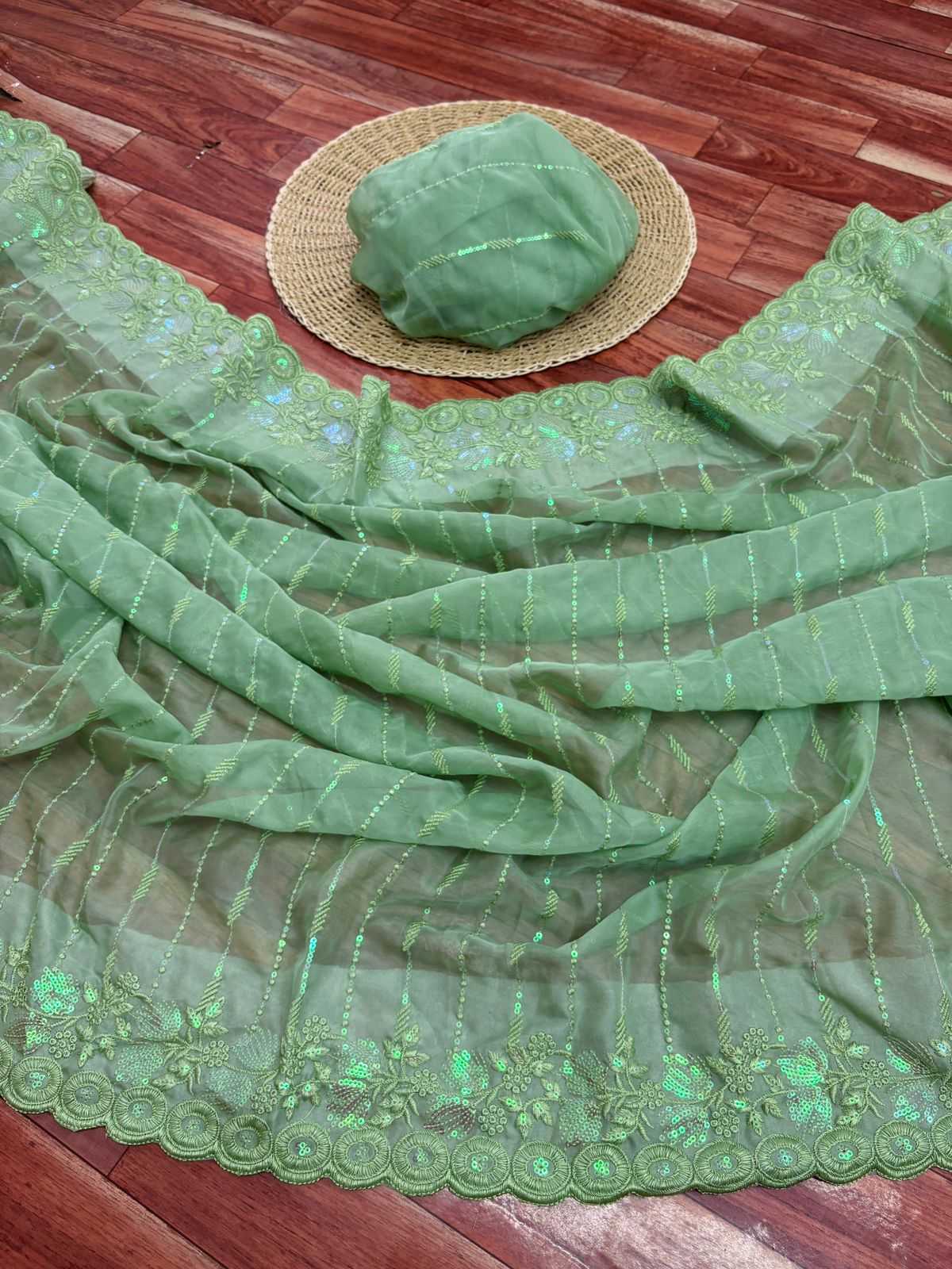 Organza Rin178 Leaf Sarees  Organza Embroidered Sequins Cutwork Sarees