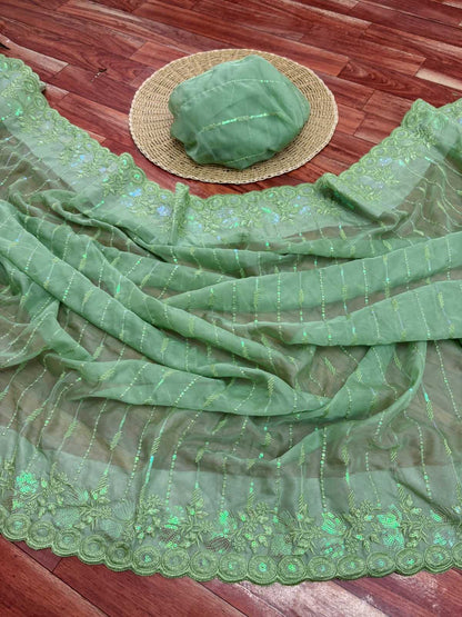 Organza Rin178 Leaf Sarees  Organza Embroidered Sequins Cutwork Sarees