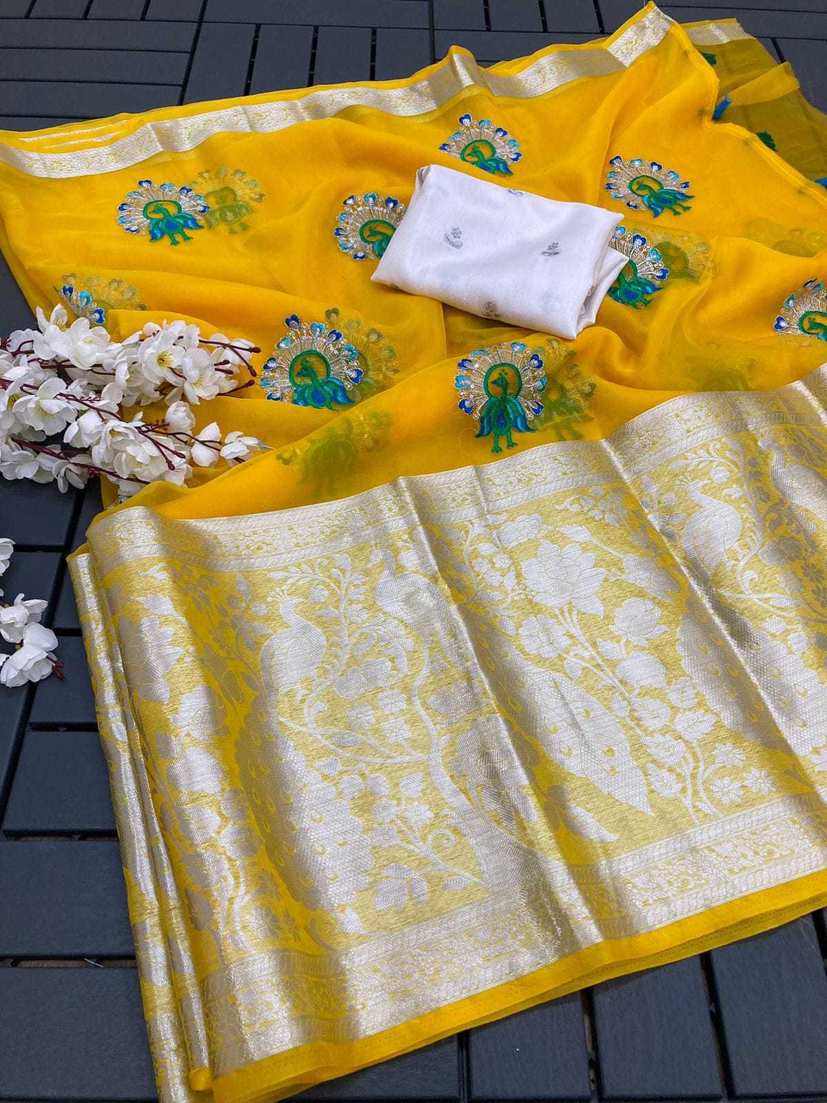 Organza Run Peacock Sarees  Organza Sequence Butta Sarees