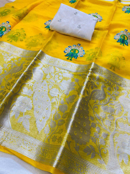 Organza Run Peacock Sarees  Organza Sequence Butta Sarees