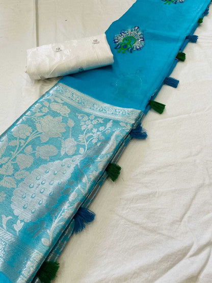 Organza Run Peacock Sarees  Organza Sequence Butta Sarees