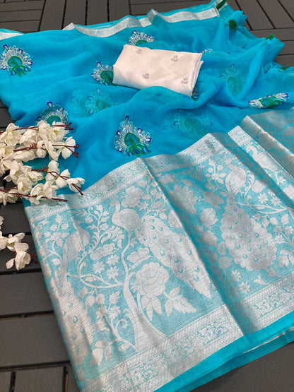 Organza Run Peacock Sarees  Organza Sequence Butta Sarees