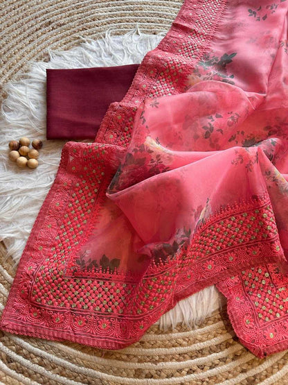 Organza Silk Kesh106 Rashi Sarees  Organza Fancy Printed Chikan Silk Zari Sarees