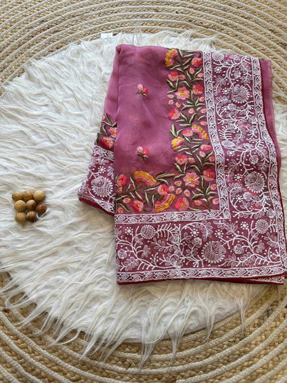 Organza Silk Kesh106 Riddhi Sarees  Organza Fancy Work Chikan Silk Sarees