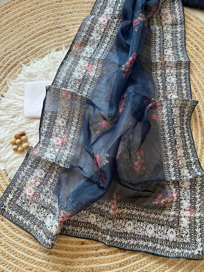 Organza Silk Kesh119 418 Sarees  Organza Prints Chikan Lace Border Silk Sarees