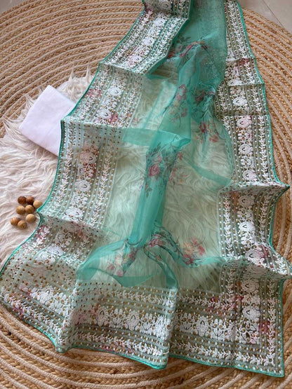 Organza Silk Kesh119 418 Sarees  Organza Prints Chikan Lace Border Silk Sarees