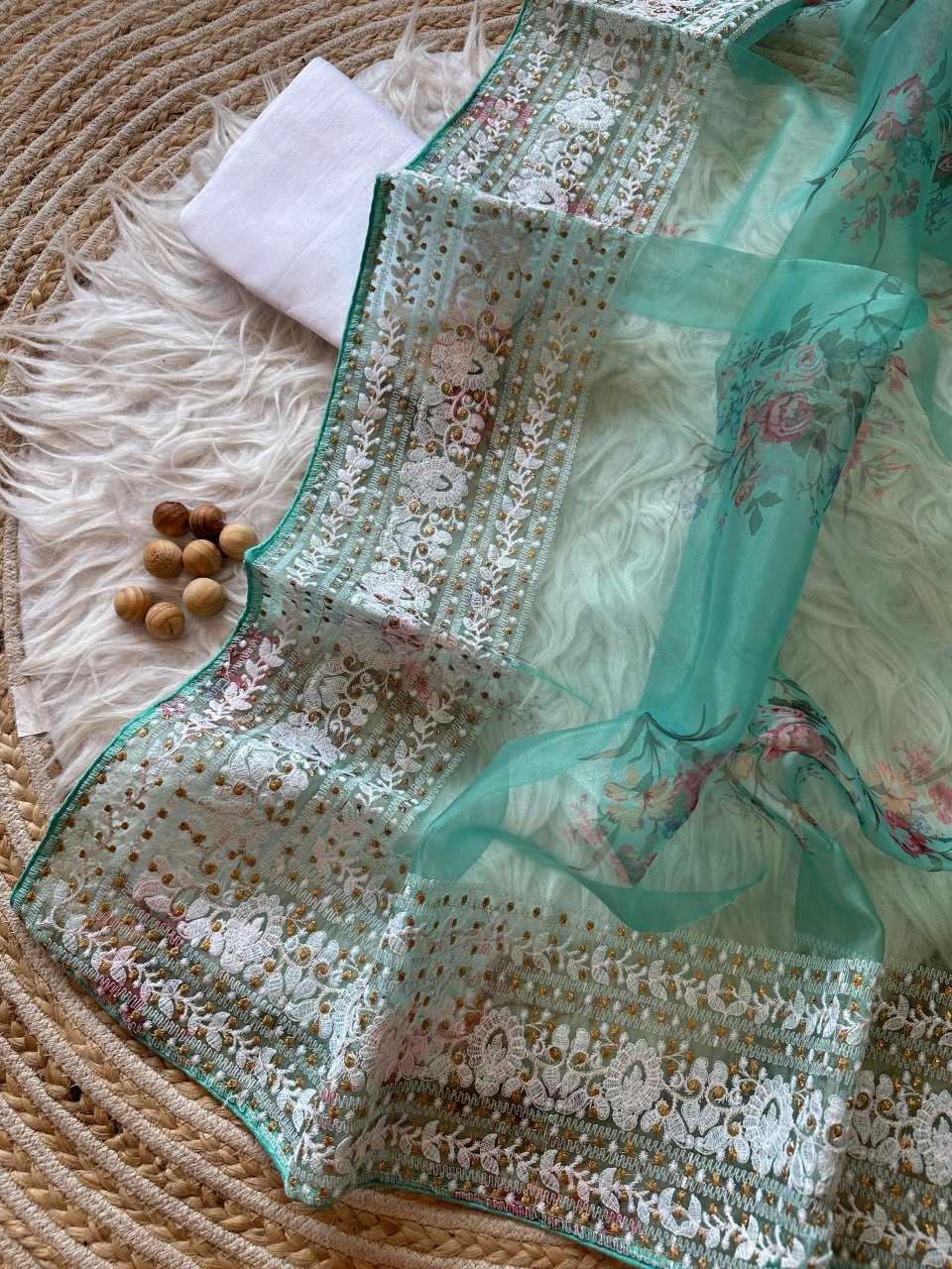 Organza Silk Kesh119 418 Sarees  Organza Prints Chikan Lace Border Silk Sarees