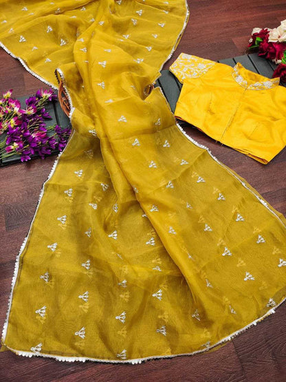 Organza Silk Kesh188 9202 Sarees  Organza Sequence Embroidered Silk Sarees With Blouse Yellow Sarees