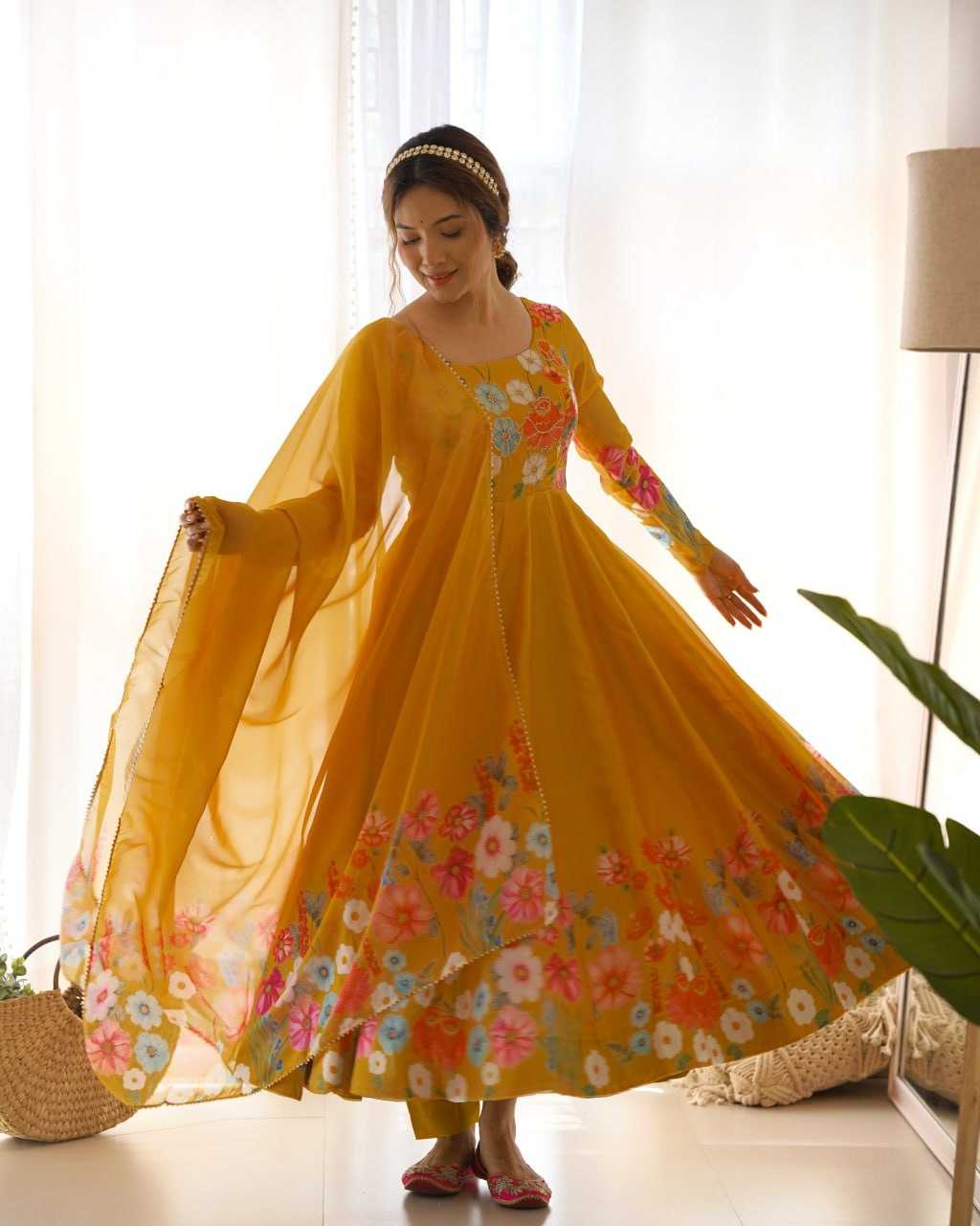 Organza Silk Kesh229 25 Gowns  Printed Anarkali Long Silk Gowns With Dupatta Full Sleeve Gowns