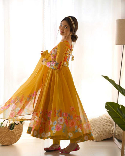 Organza Silk Kesh229 25 Gowns  Printed Anarkali Long Silk Gowns With Dupatta Full Sleeve Gowns