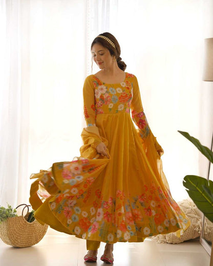 Organza Silk Kesh229 25 Gowns  Printed Anarkali Long Silk Gowns With Dupatta Full Sleeve Gowns