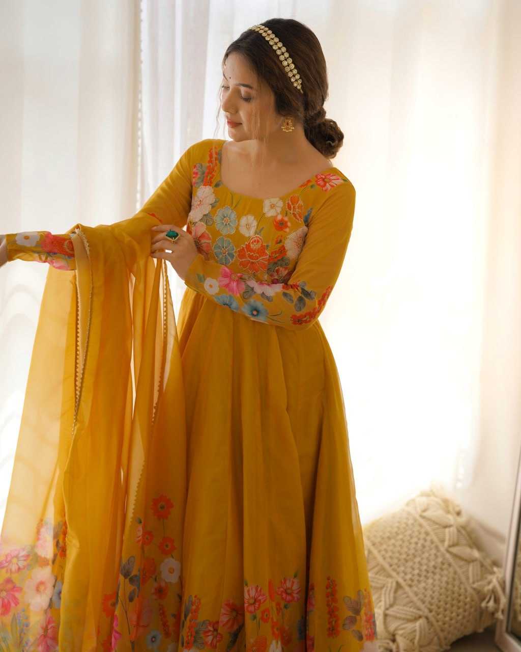 Organza Silk Kesh229 25 Gowns  Printed Anarkali Long Silk Gowns With Dupatta Full Sleeve Gowns