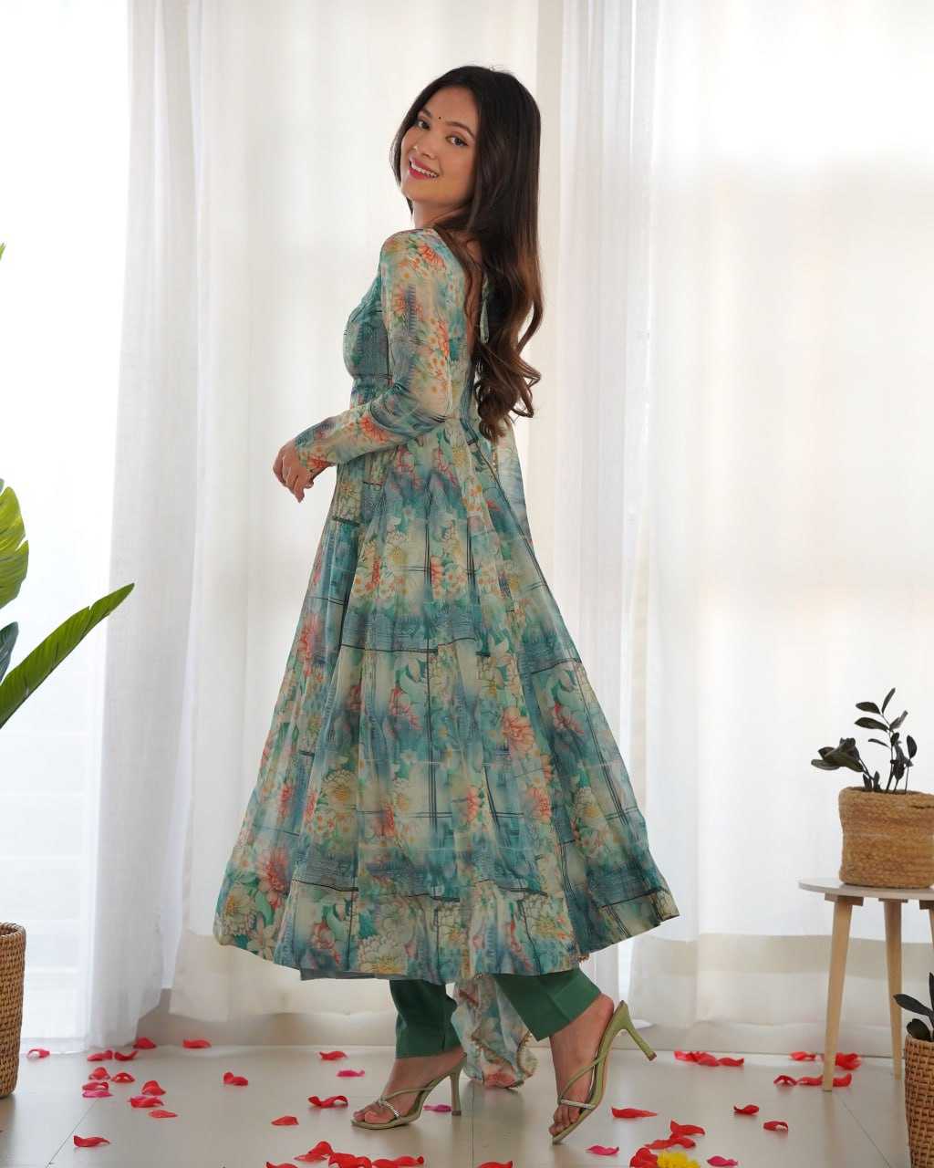 Organza Silk Kesh230 266 Gowns  Printed Fancy Anarkali Long Full Sleeve Gowns