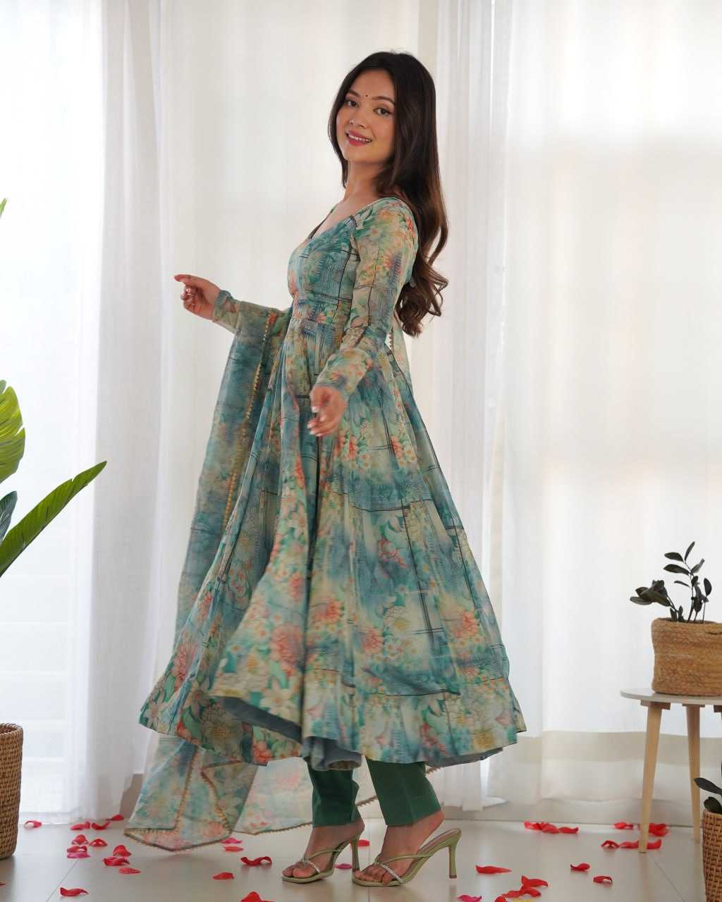 Organza Silk Kesh230 266 Gowns  Printed Fancy Anarkali Long Full Sleeve Gowns