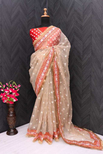 Organza Silk Rin134 0198 Sarees  Organza Viscose Embroidered Zari Border Sarees