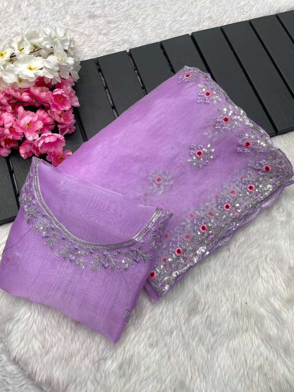 Organza Silk Rin143 433 Sarees  Organza Embroidered Silk Purple Sarees