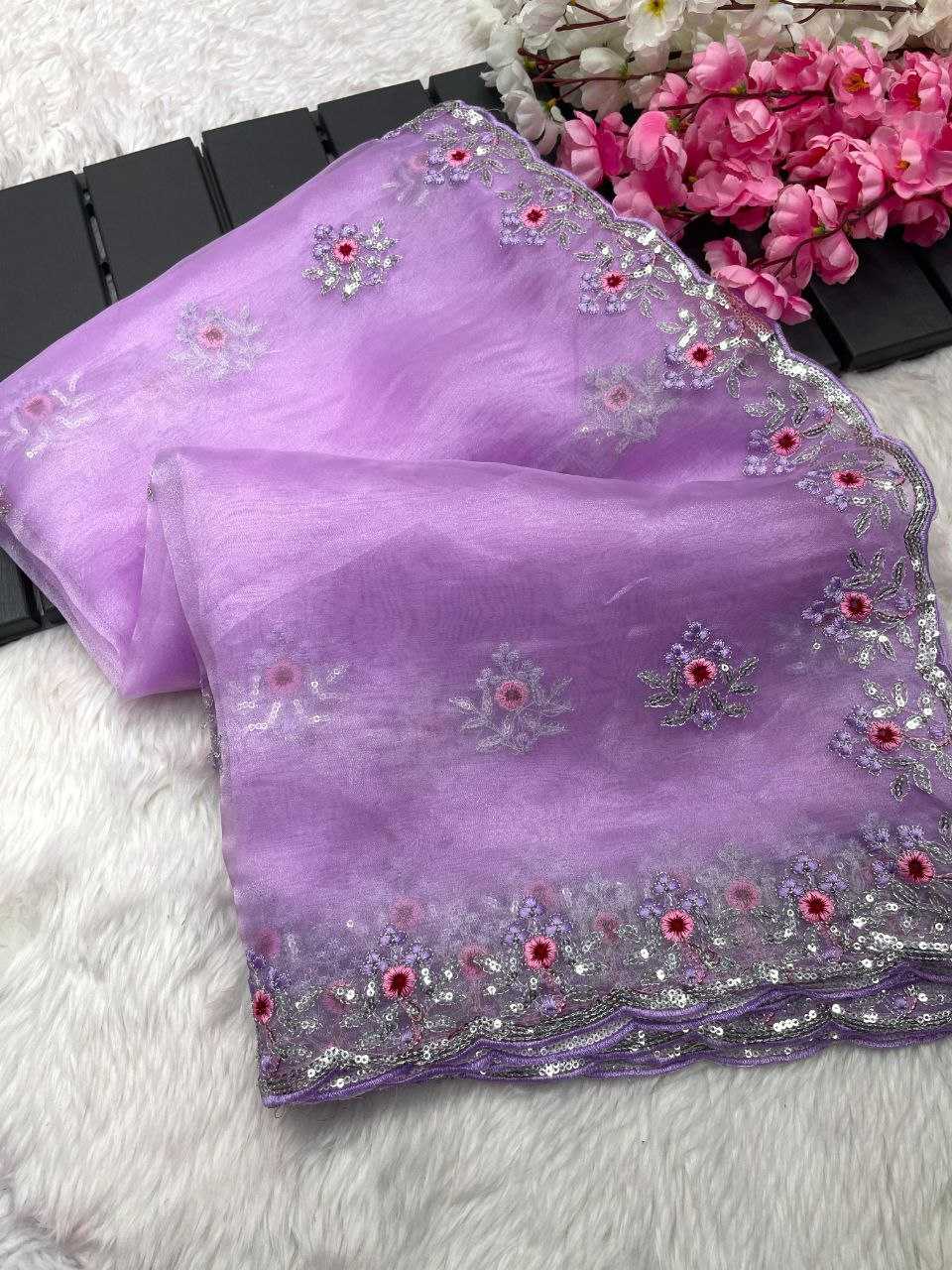 Organza Silk Rin143 433 Sarees  Organza Embroidered Silk Purple Sarees