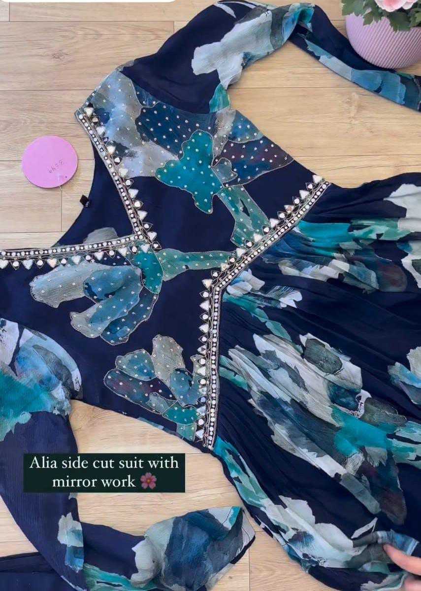 Organza Silk Rin202 538 Suits & Dresses  Printed Silk Anarkali Blue Salwar Suits