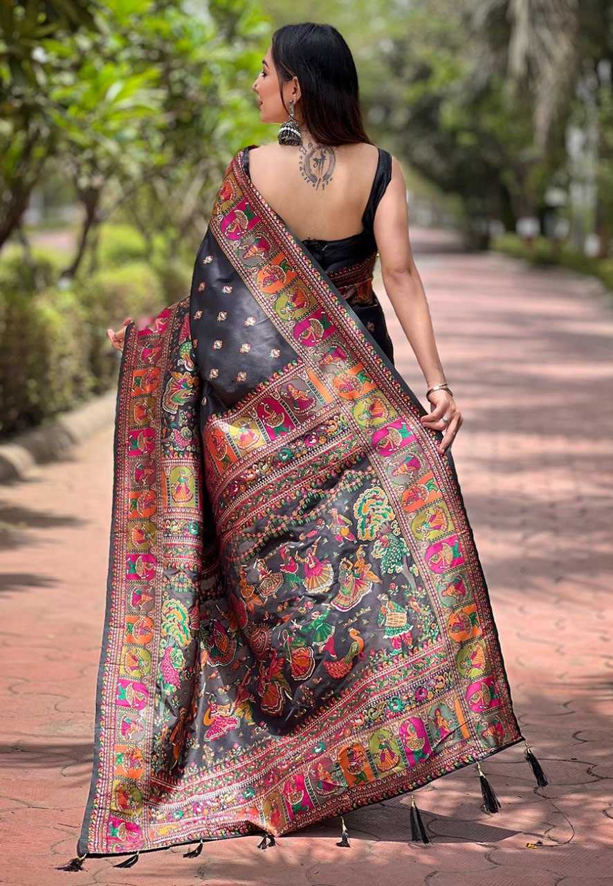 Pashmina Rew Pashmina Black Sarees  Work Kashmiri Sarees