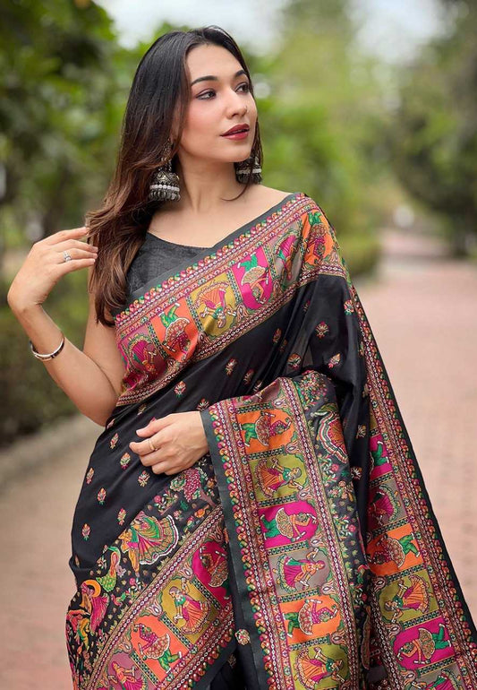 Pashmina Rew Pashmina Black Sarees  Work Kashmiri Sarees