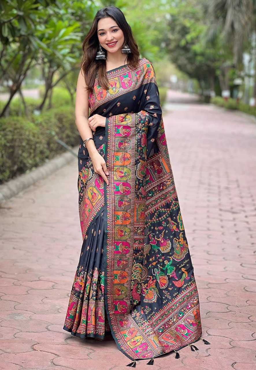 Pashmina Rew Pashmina Black Sarees  Work Kashmiri Sarees