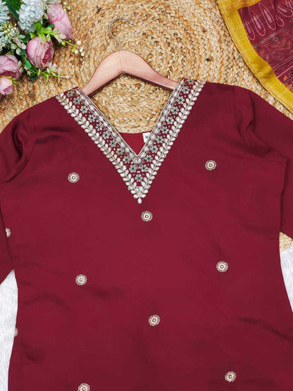 Premium Roman Silk Kesh211 Ldy85 Suits & Dresses  Embroidery Ladies Silk Long Kurtis Maroon Salwar Suits