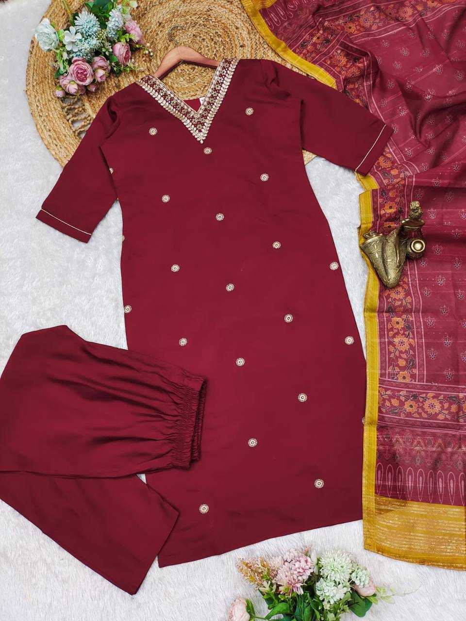 Premium Roman Silk Kesh211 Ldy85 Suits & Dresses  Embroidery Ladies Silk Long Kurtis Maroon Salwar Suits